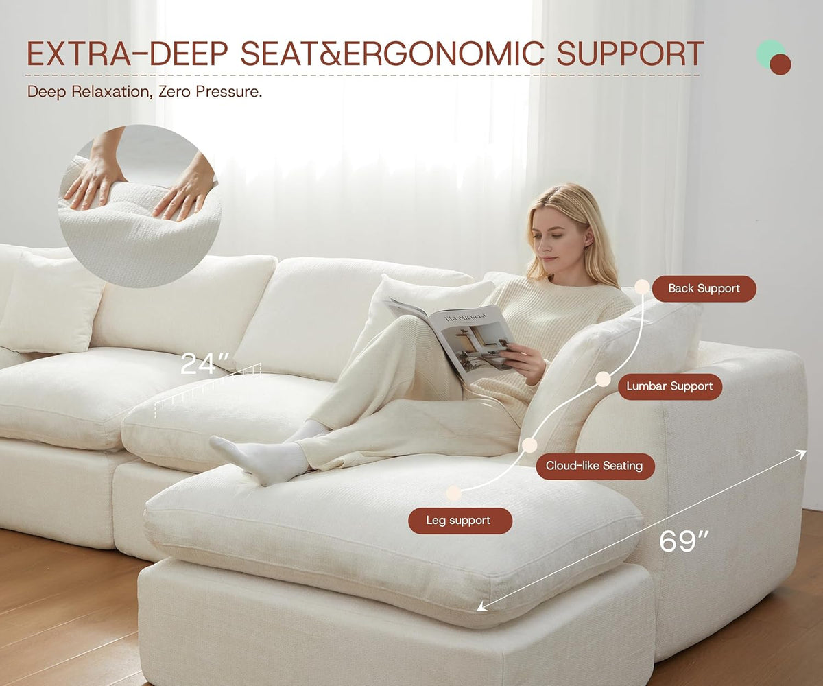 GRUSIGN 110'' Oversized Cloud Sectional Boneless Couch for Living Room, Modern Big Compressed L Shape Couch with Ottoman & 2 Throw Pillows, Chenille Deep Seat Memory Foam Spineless 4 Seater Sofa,Beige