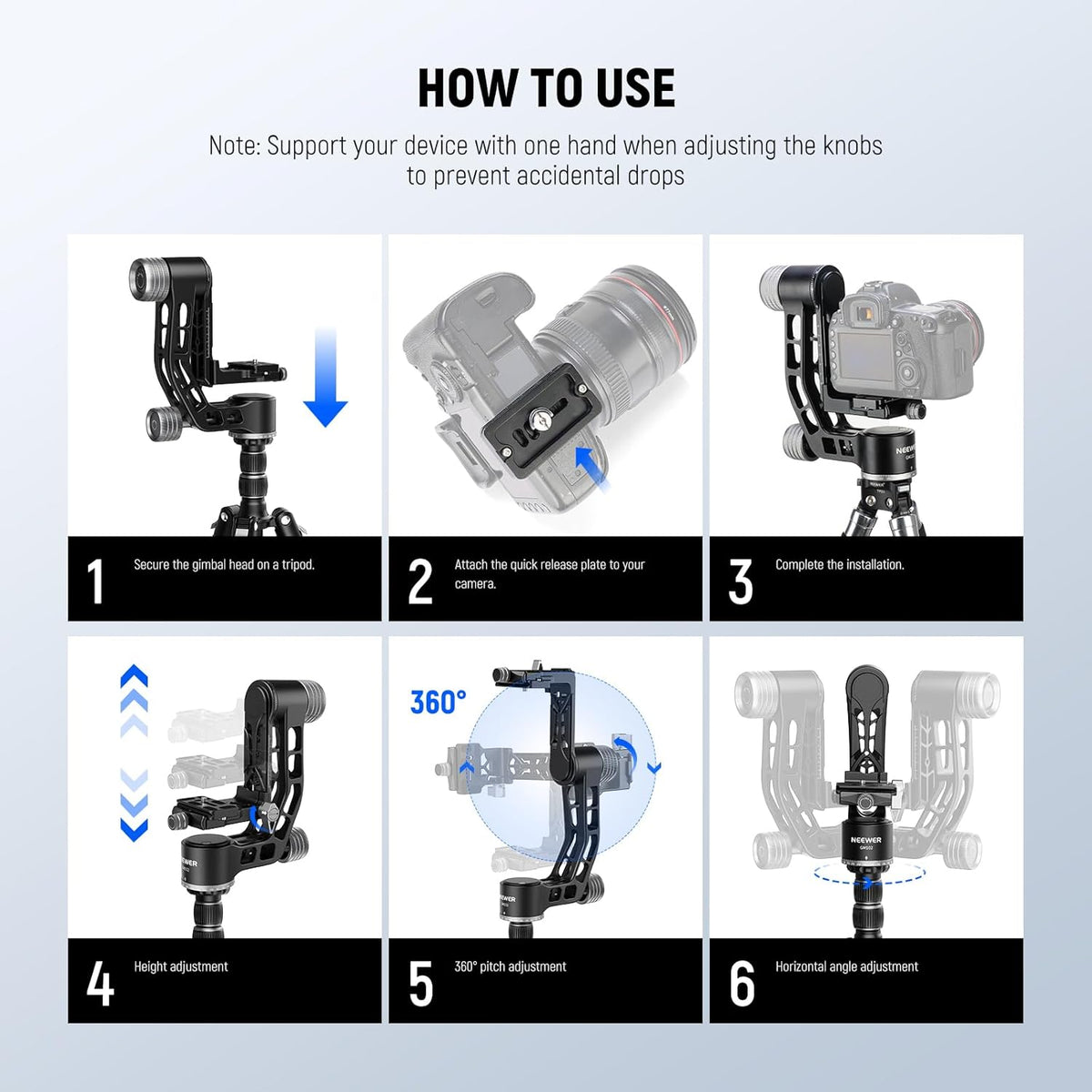 NEEWER GM102 Gimbal Head for Tripod Monopod Telephoto Lenses, 360° Panoramic Camera Tripod Head, 3 Axis Adjustment, Heavy Duty CNC Aluminum Alloy, Arca Type Quick Release System, Max Load 33lb/15kg