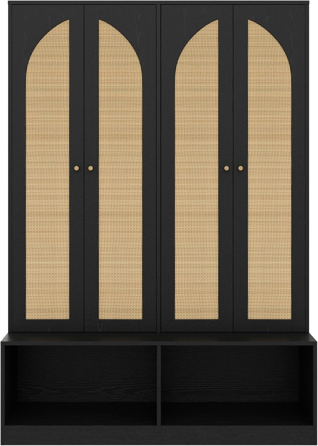 Farmhouse Widen Hall Tree with 4 Rattan Doors, Versatile 4-in-1 Coat Hanger with 6 Hooks, Mid-Century Entryway Shoe Cabinet with Adjustable Shelf for Living Room Hallway (Black-W)