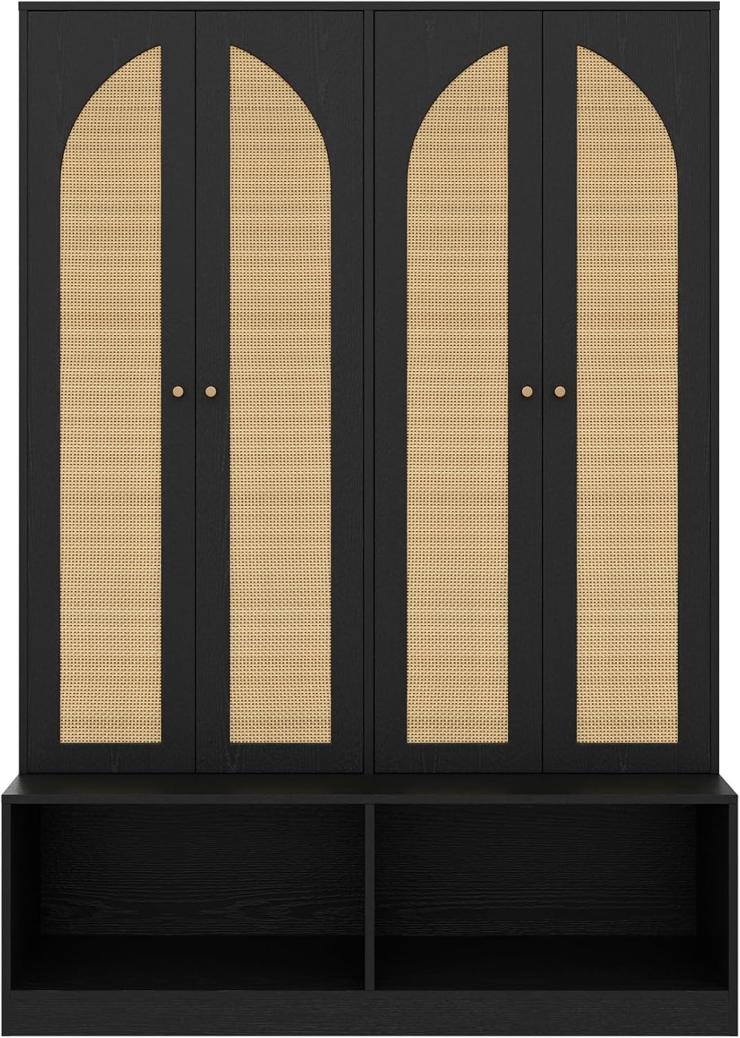 Farmhouse Widen Hall Tree with 4 Rattan Doors, Versatile 4-in-1 Coat Hanger with 6 Hooks, Mid-Century Entryway Shoe Cabinet with Adjustable Shelf for Living Room Hallway (Black-W)