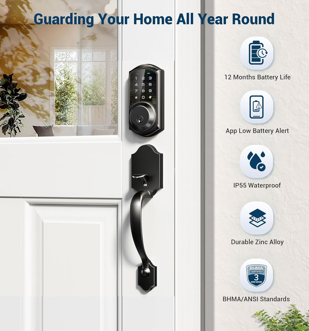 Veise VE06-H Smart Front Door Lock Set, App Control, Keyless Entry Deadbolt with Lever Handle, Electronic Digital Touchscreen Keypad, Auto Lock, Easy Install, Matte Black