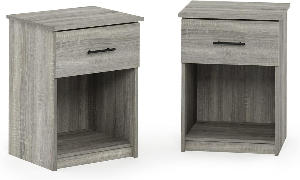 Furinno TIDUR Night Stand Set of 2, Modern Nightstand with Drawer, Bedside Table with Storage Shelf, End Table, Side Table, Bar Handle Drawer, for Bedroom, Closet, Dorm, Grey Oak