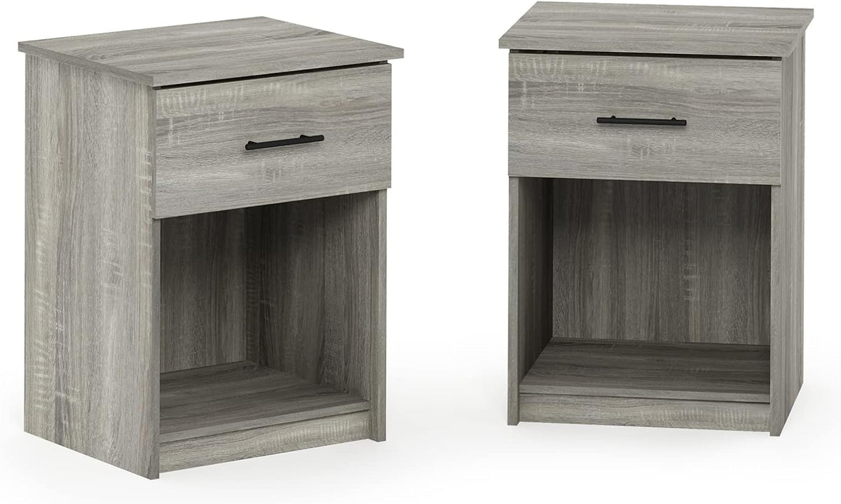 Furinno TIDUR Night Stand Set of 2, Modern Nightstand with Drawer, Bedside Table with Storage Shelf, End Table, Side Table, Bar Handle Drawer, for Bedroom, Closet, Dorm, Grey Oak