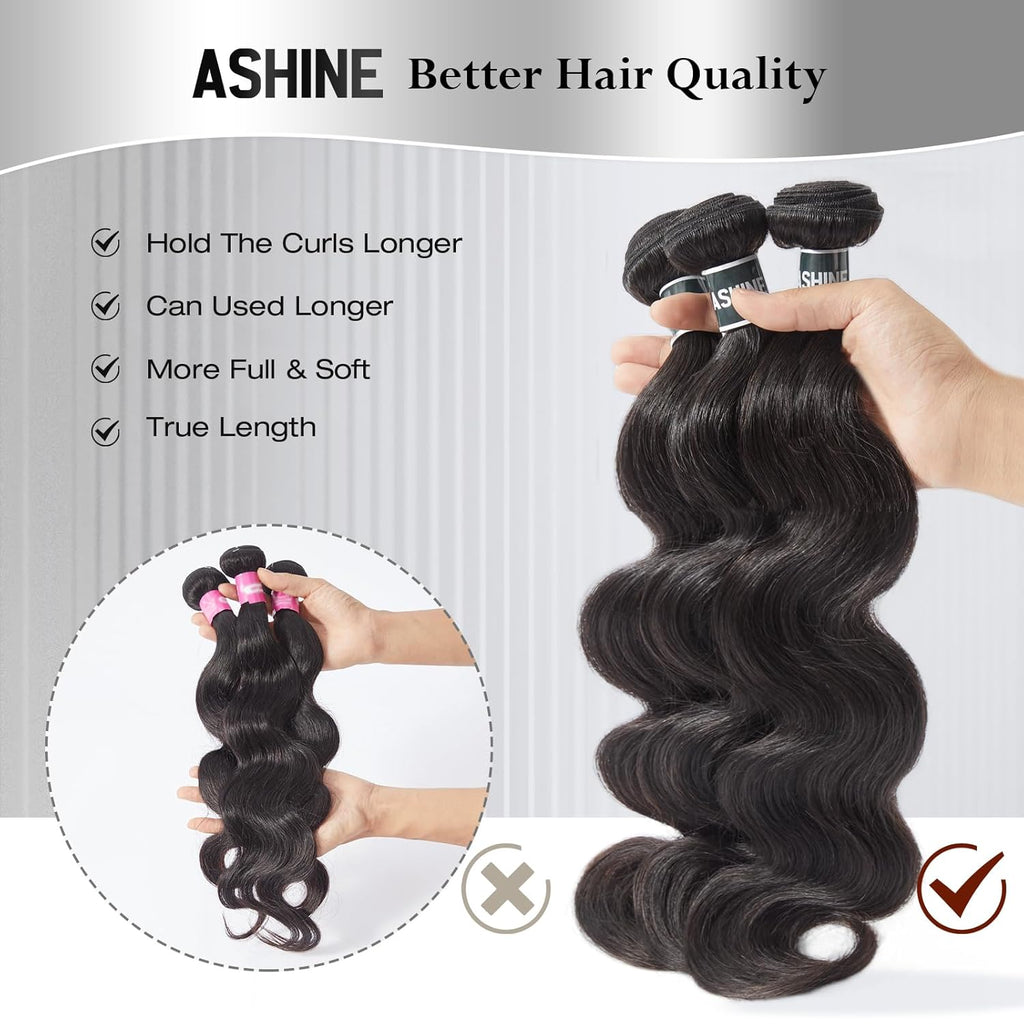 ASHINE Human Hair Bundles Body Wave, Unprocessed Cambodian Raw Hair Bundles for Women Natural Black 16 18 20 Inch, Keep Soft and Silky After Multiple Washes