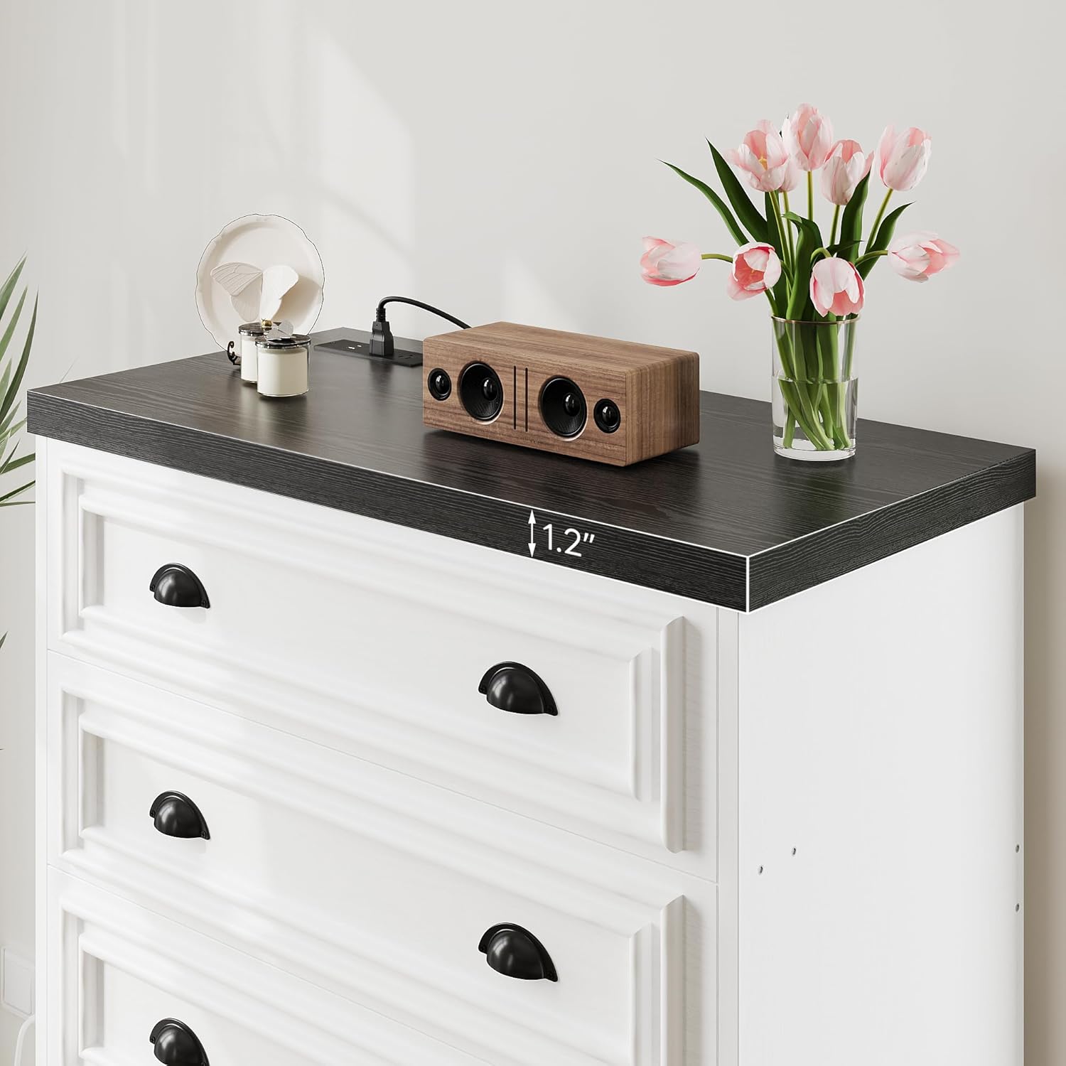 LIKIMIO 5-Drawer 43" Tall Dresser with Built-in Charging Station - Farmhouse Style Bedroom Storage Cabinet, Black &White