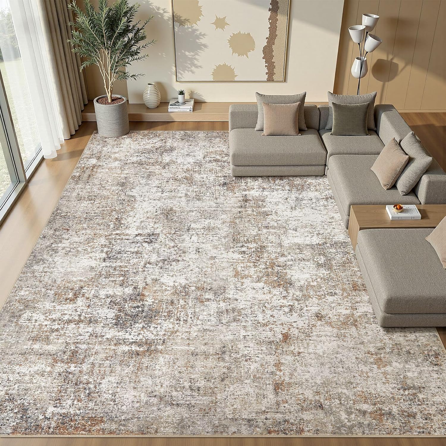10x14 Area Rugs for Living Room: Washable Large Neutral Abstract Rug Soft Non Slip Stain Resistant Low Pile Indoor Carpet for Bedroom Dining Room Nursery Office Playroom - Brown Grey