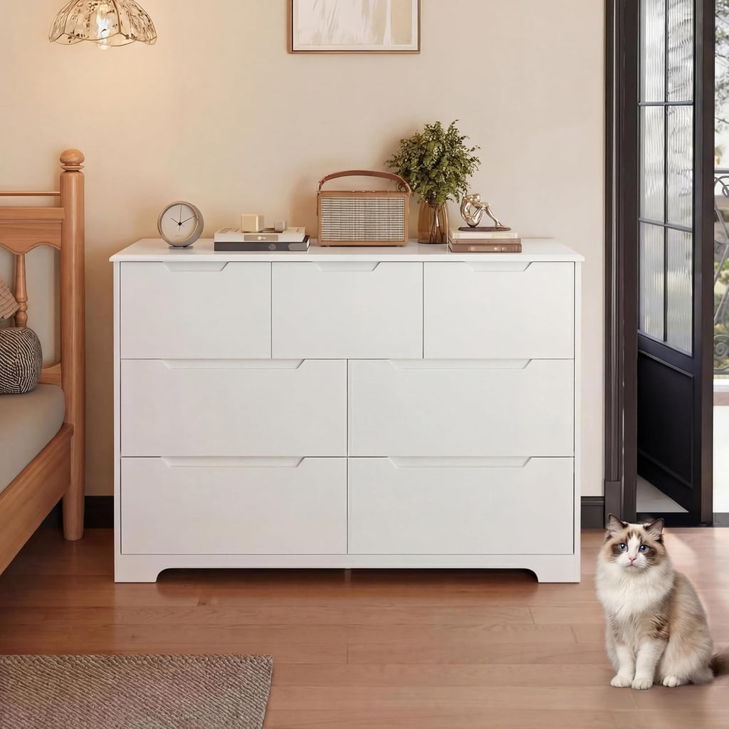 Gizoon 7 Drawer Dresser, 48" Wide White Dresser for Bedroom, Chest of Drawers with Handle Free Design, Modern Storage Organizer for Living Room, Kids Room, Entryway, Hallway, White