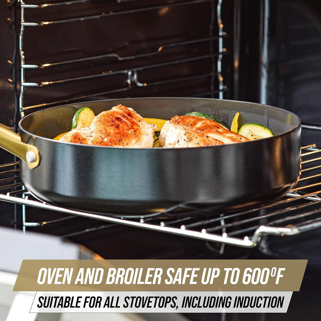 Blue Diamond Gold 10 Piece Cookware Pots and Pans Set, Induction Suitable, Diamond Infused PFAS-Free Ceramic Nonstick, Durable, Metal Utensil Safe, Dishwasher Safe, Gold Handle, Black