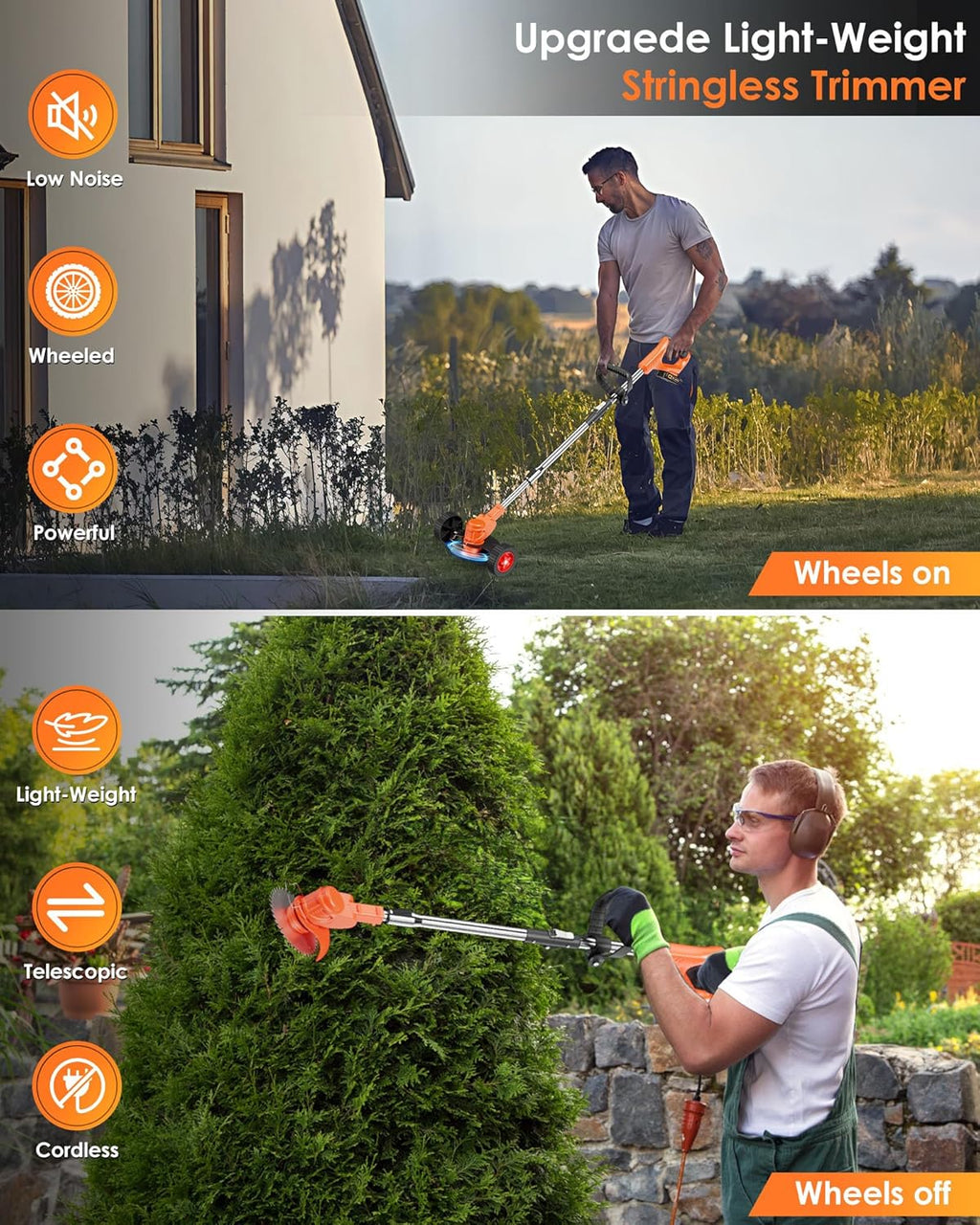 Cordless Weed Wacker, 21V 2-in-1 Lightweight Stringless Weed Wacker, Foldable 2.0Ah Battery Powered Weed Trimmer, Grass Trimmer/Brush Cutter/Edger Lawn Tool for Yard Lawns Garden