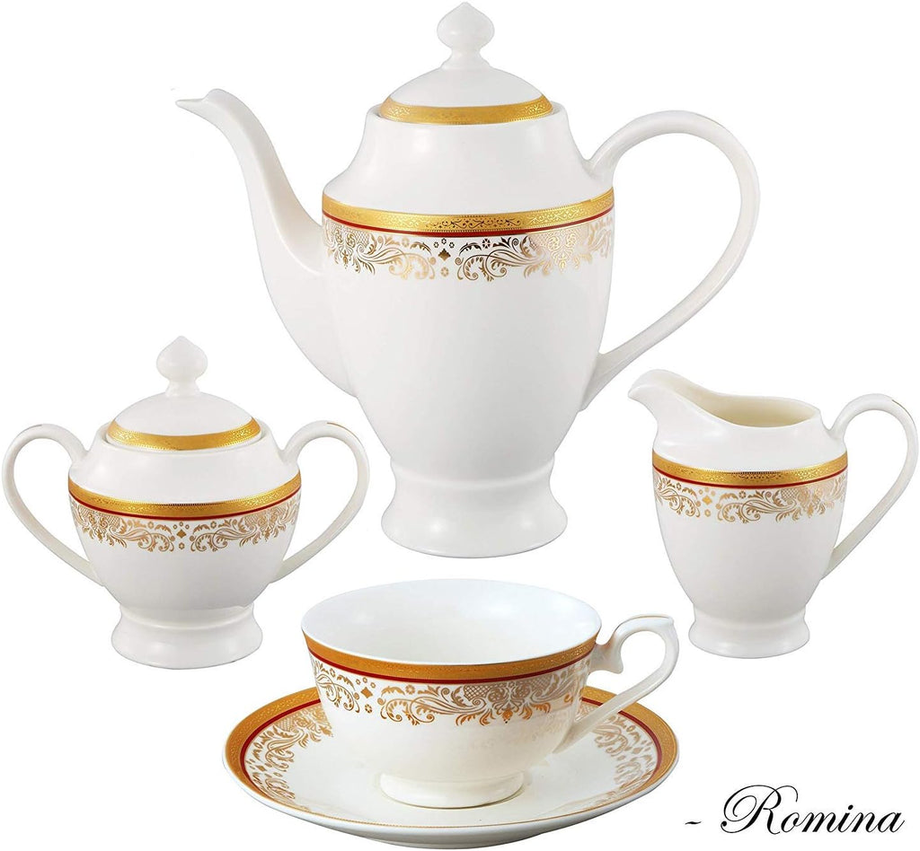 Lorren Home Trends La Luna Collection Bone China 57-Piece Red and 24K Gold Design Dinnerware Set, Service for 8