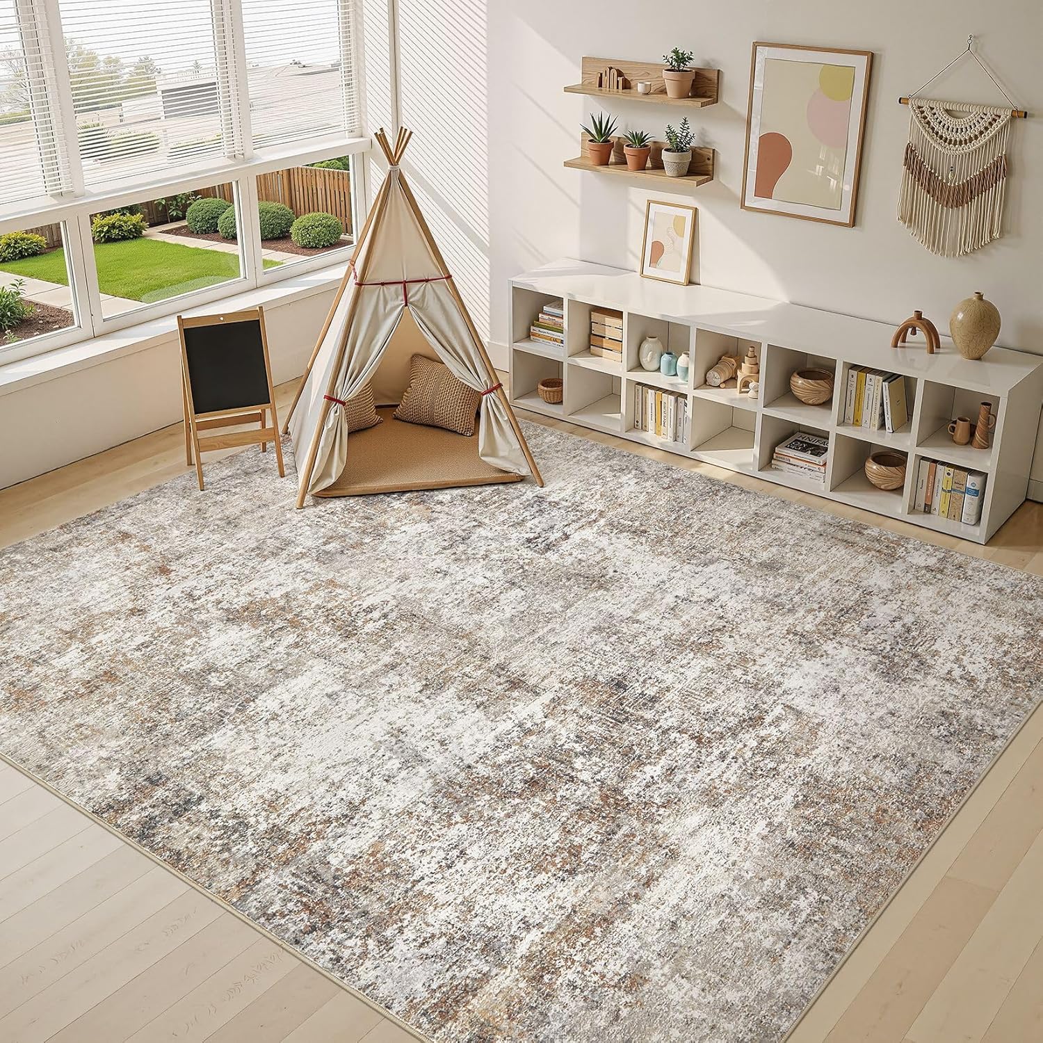 10x14 Area Rugs for Living Room: Washable Large Neutral Abstract Rug Soft Non Slip Stain Resistant Low Pile Indoor Carpet for Bedroom Dining Room Nursery Office Playroom - Brown Grey
