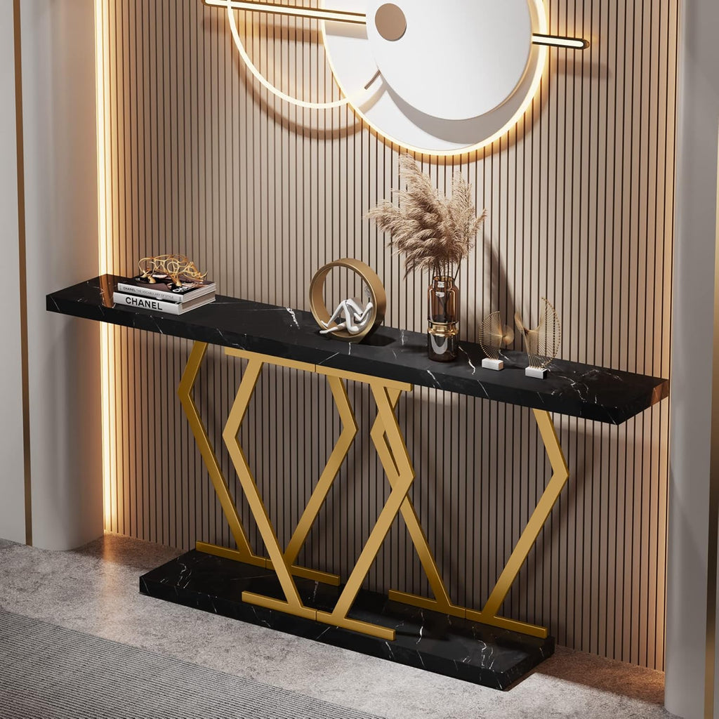 Tribesigns 70.9 Inch Extra Long Sofa Table .Black and Gold Console Table with Faux Marble Tabletop, Modern Long Entryway Table with Gold Frame