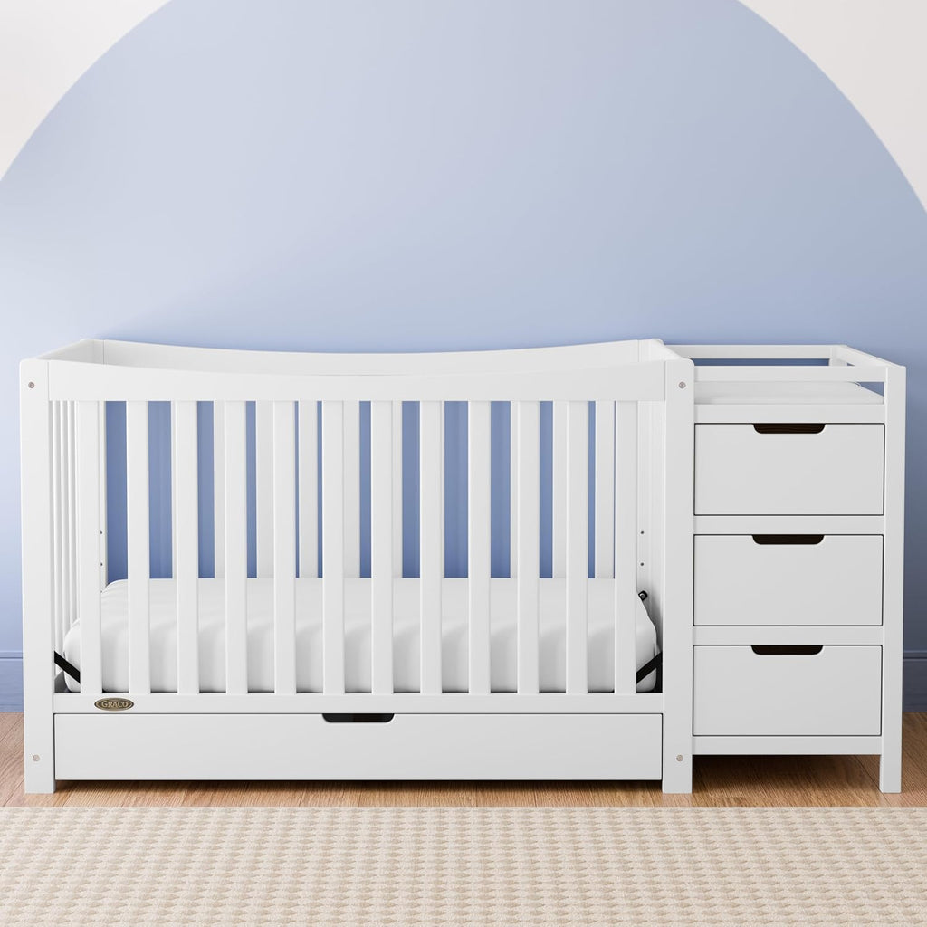 Graco Remi 4-in-1 Convertible Crib & Changer – GREENGUARD Gold Certified, Fits Standard Crib Mattress, Converts to Toddler Bed and Full Bed, 4 Adjustable Mattress Heights (White)