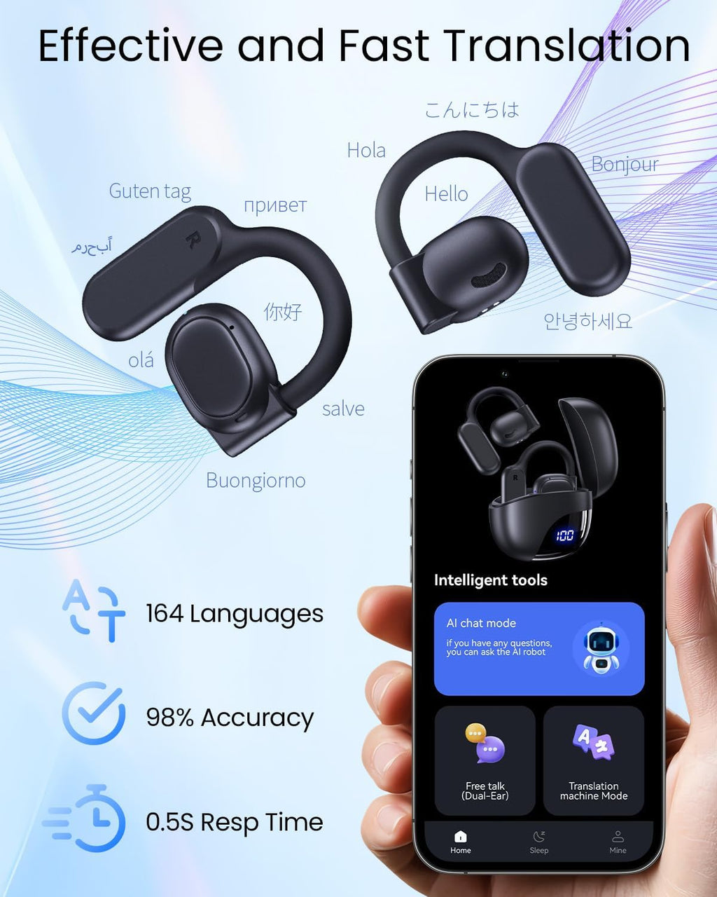 AI Translation Earbuds Real Time 164 Languages 80H Playtime Translator Ear Buds Audifonos Traductores Inglés Español Wireless Earphones Bluetooth AI Headphone for Travel Meeting Learning K08 Black
