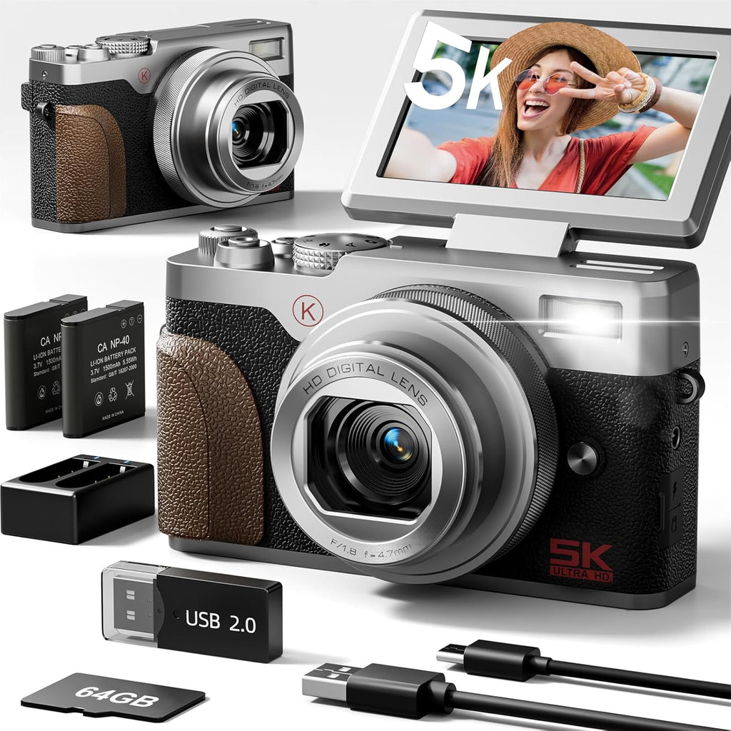 NBD 5K Vlogging Cameras Autofocus,64MP Digital Cameras for Photography,18X Zoom Travel Camera with Anti-Shake,2 Batteries,64GB TF Card(Silver