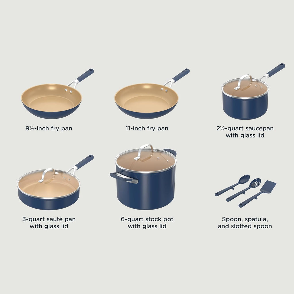 Ninja Ceramic Cookware Set, Extended Life 11-Piece Kitchen Cookware Sets with Comfort Grip, Nonstick Fry Pans, Pots, PTFE Free, Oven & Dishwasher Safe, Stovetop Compatible, Navy Blue, CW49011