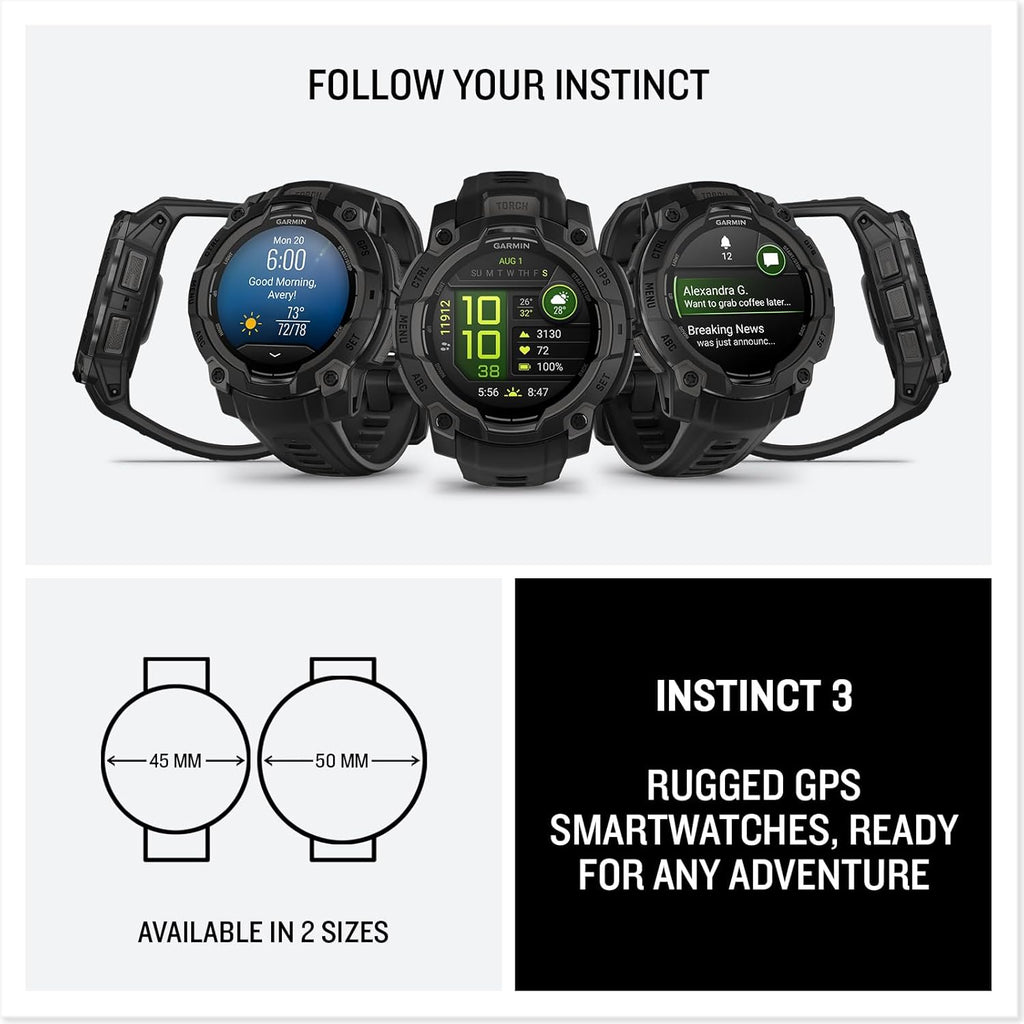 Garmin Instinct® 3 45mm, AMOLED Display, Rugged Outdoor GPS Smartwatch, Metal-Reinforced Bezel, Built-in Flashlight, Up to 18 Days of Battery Life, Black