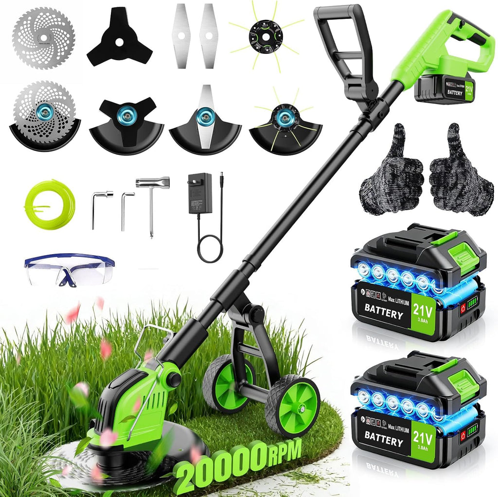 20,000RPM Cordless Electric Weed Wacker, 800W Brushless Weed Eater with Wheels, 12" 4-in-1 String Trimmer Lawn Edger Mini Lawn Mower Brush Cutter, Foldable, 21V, 2×4.0Ah Batteries Power Display