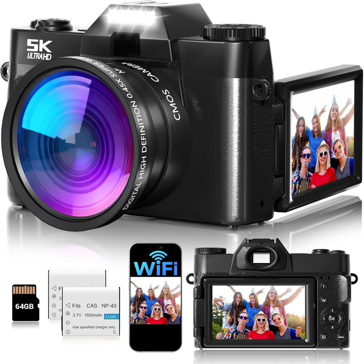 Digital Camera,UHD 75MP 5K Digital Cameras for Photography with WiFi,64GB SD Card Vlogging Travel Camera for YouTube,Featuring 3" 180°Flip Screen,Suitable for Beginners and Teens,Black