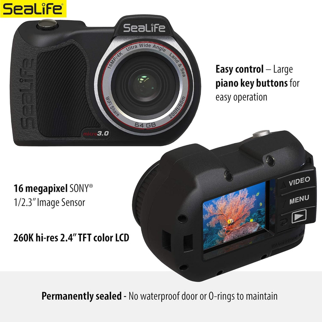 SeaLife Micro 3.0 64GB, 16mp, 4K Underwater Camera for Underwater Photography and Video, Easy Set-up, Wireless Transfer; Includes case, Wrist Strap