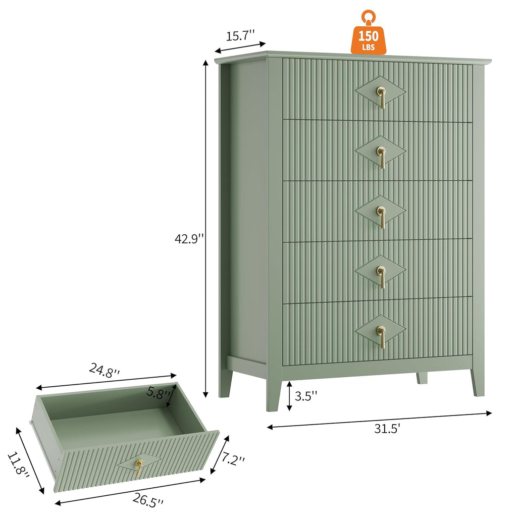 GarveeHome Fluted Dresser for Bedroom, 42.9" Tall 5-Drawer Wood Dresser, Modern Chest of Drawers, Storage Organizer Cabinet for Living Room, Hallway, Entryway, Green