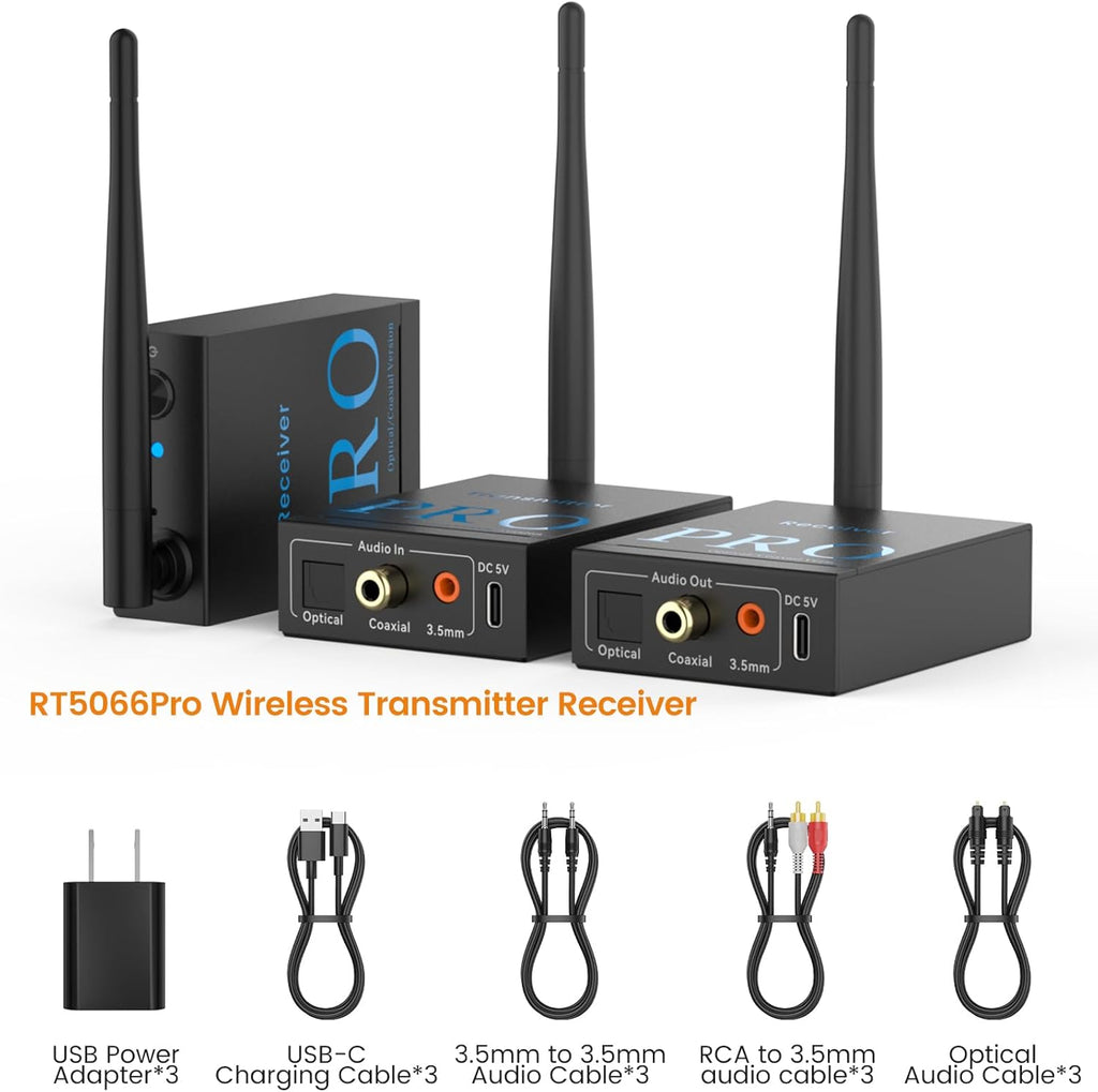 1Mii 3-in-1 2.4Ghz Wireless Audio Transmitter Receiver (1 TX+2 RX) for 2 Subwoofer/Active Speaker/Power Amplifier, 20ms Low Latency, 320ft Range, Optical/Coaxial/3.5mm(RCA) Audio Input/Output