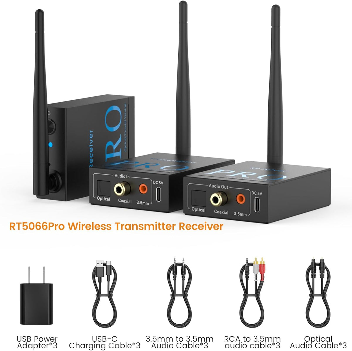 1Mii 3-in-1 2.4Ghz Wireless Audio Transmitter Receiver (1 TX+2 RX) for 2 Subwoofer/Active Speaker/Power Amplifier, 20ms Low Latency, 320ft Range, Optical/Coaxial/3.5mm(RCA) Audio Input/Output
