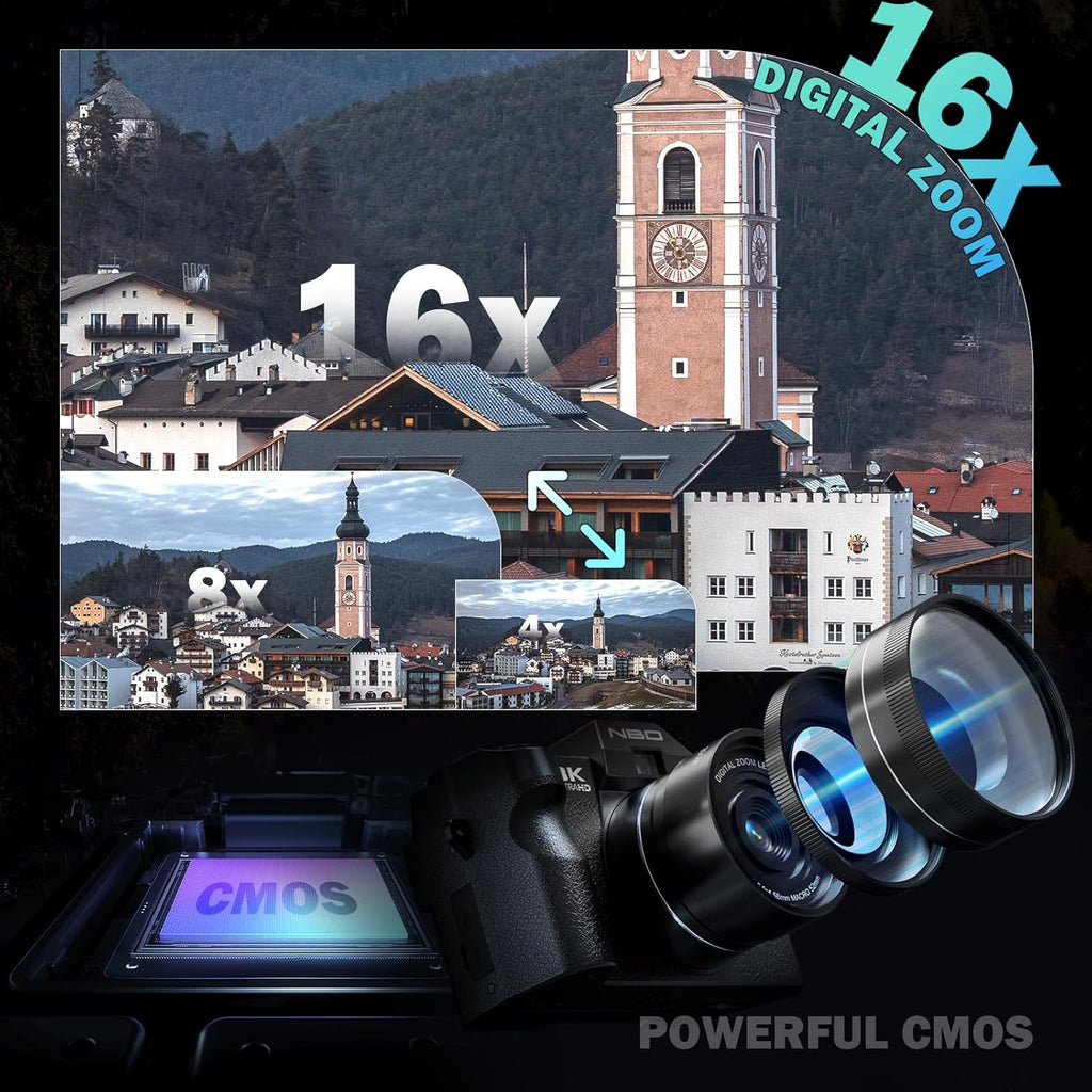 8K Digital Cameras for Photography 64MP - 16X Zoom Autofocus, WiFi, 180° Flip Screen with Wide-Angle & Macro Lens, Vlogging Camera for YouTube Travel with 64GB TF Card, 2 Batteries & Mic (Black)