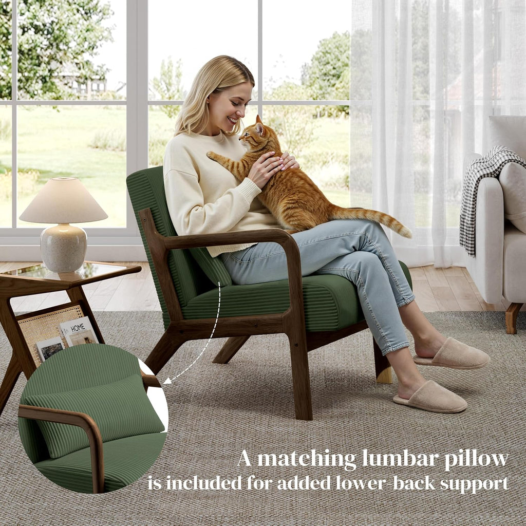 Yaheetech Accent Chair for Living Room, Corduroy Mid Century Modern Reading Armchairs with Lumbar Pillow for Bedroom, Decorative Sofa Chair for Adult Dark Green/Set of 2