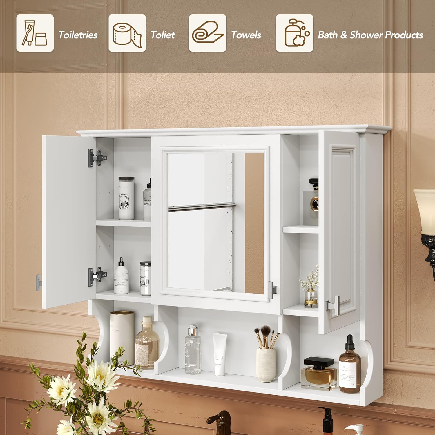 Merax Bathroom Wall Cabinet with Mirror, Wall Mounted Medicine Cabinet with Adjustable Shelves and Open Spaces, 35" x 28" Mirrored Door Over The Toilet Bathroom Storage Cabinet