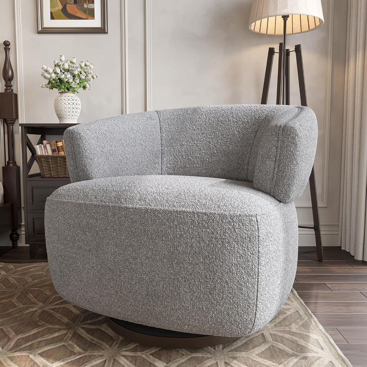 RoyalCraft Swivel Accent Chair Set of 2, Fully Assembled Round Barrel Chairs, Oversized Upholstered Armchair with 360-Degree Base, Modern Club Chair for Living Room, Bedroom, Office, Grey
