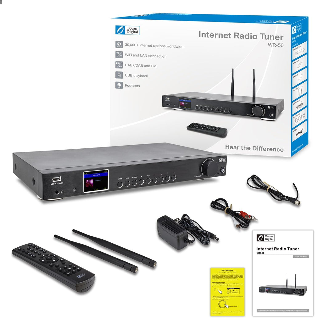 Ocean Digital WR-50 Internet Radio Tuner Component Wi-Fi, Ethernet LAN, Podcasts, Stereo Outputs to Connect Hi-Fi System, Bluetooth Receiver, USB Playback, Remote Control, 2.4" Color Display