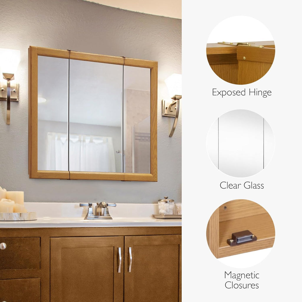 Design House Claremont Bathroom Medicine Cabinet with Mirror, 36 Inch Wall Mounted Cabinet, 3 Mirrored Doors, Honey Oak Wood Frame, Pre-Assembled, 36" W x 4.75" D x 30" H, 545285-HOK