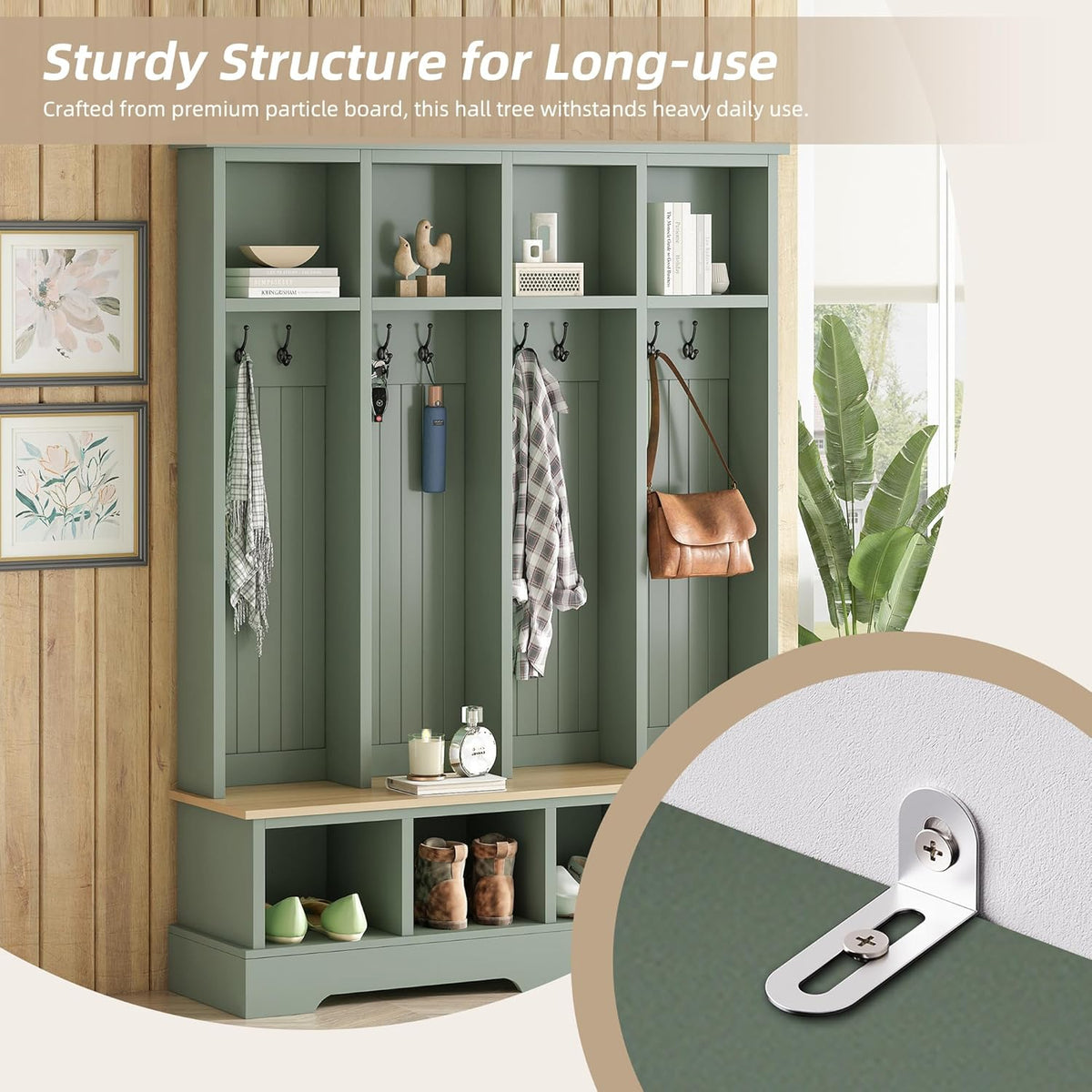 Farmhouse Wood Hall Tree with Bench, 3-in-1 Entryway Hall Tree with 8 Hooks, Open Shoe Compartments and Shelves for Living Room, Entrance, Hallway, Mint Green