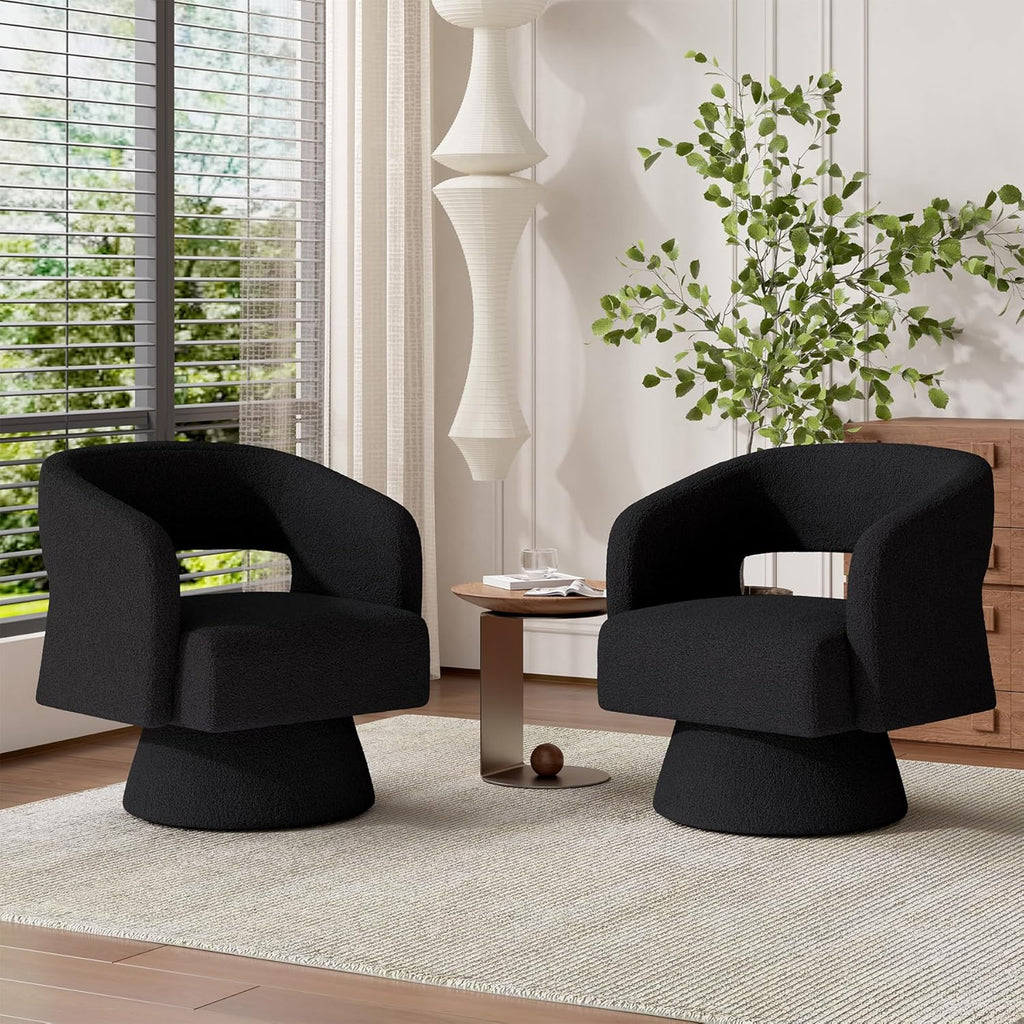 Luxanimarion Swivel Barrel Accent Chair,Oversized Teddy Upholstered Round Swivel Chair,Modern Luxury 360 Degree Living Room Vanity Chair for Bedroom Office,Black,2PCS