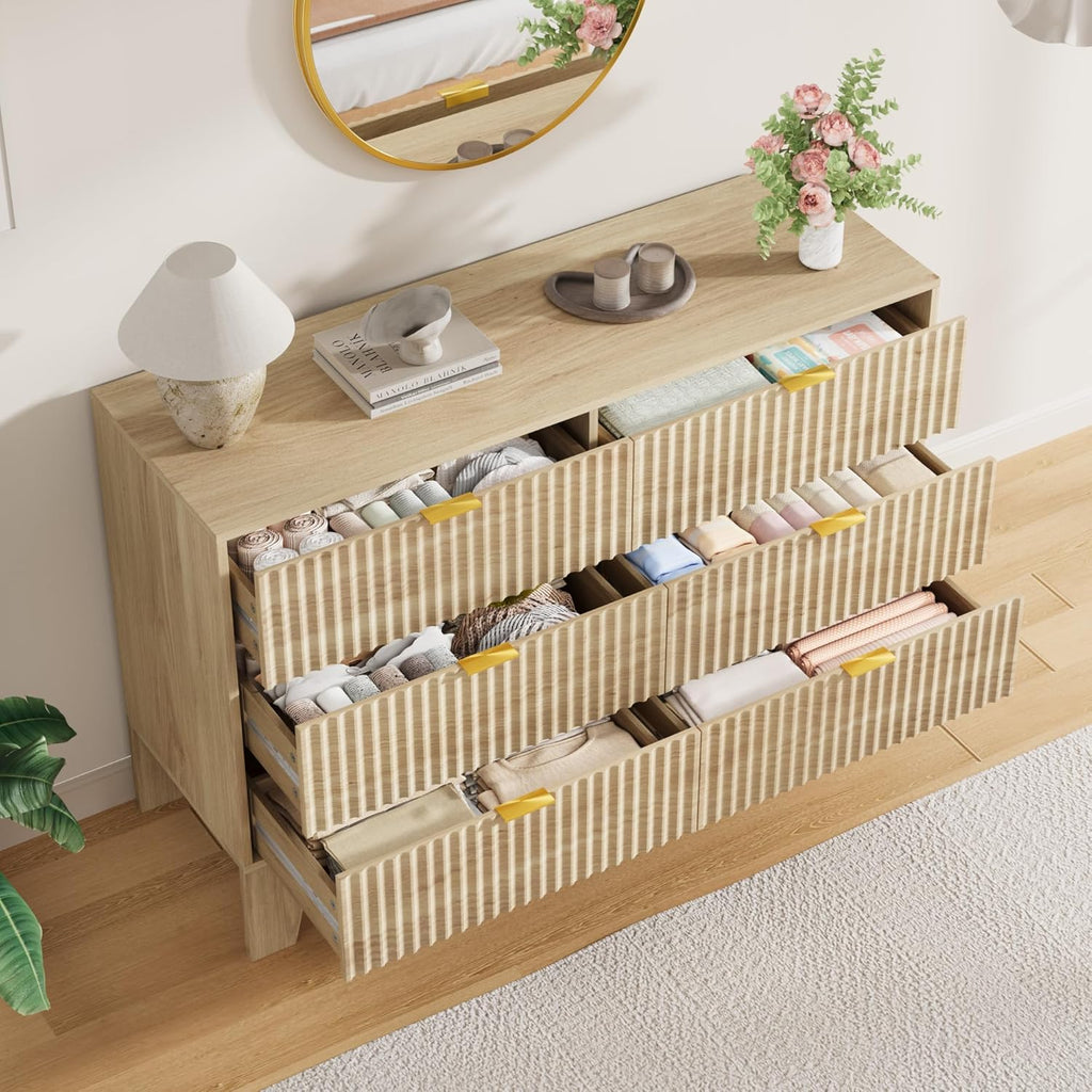 Garvee 6 Drawer Dresser for Bedroom, 47" Wide Fluted Chest of Drawers with Metal Handle, Modern Wooden Dresser TV Stand, Clothes Storage Organizer Wood Closet for Hallway, Entryway, Natural Oak