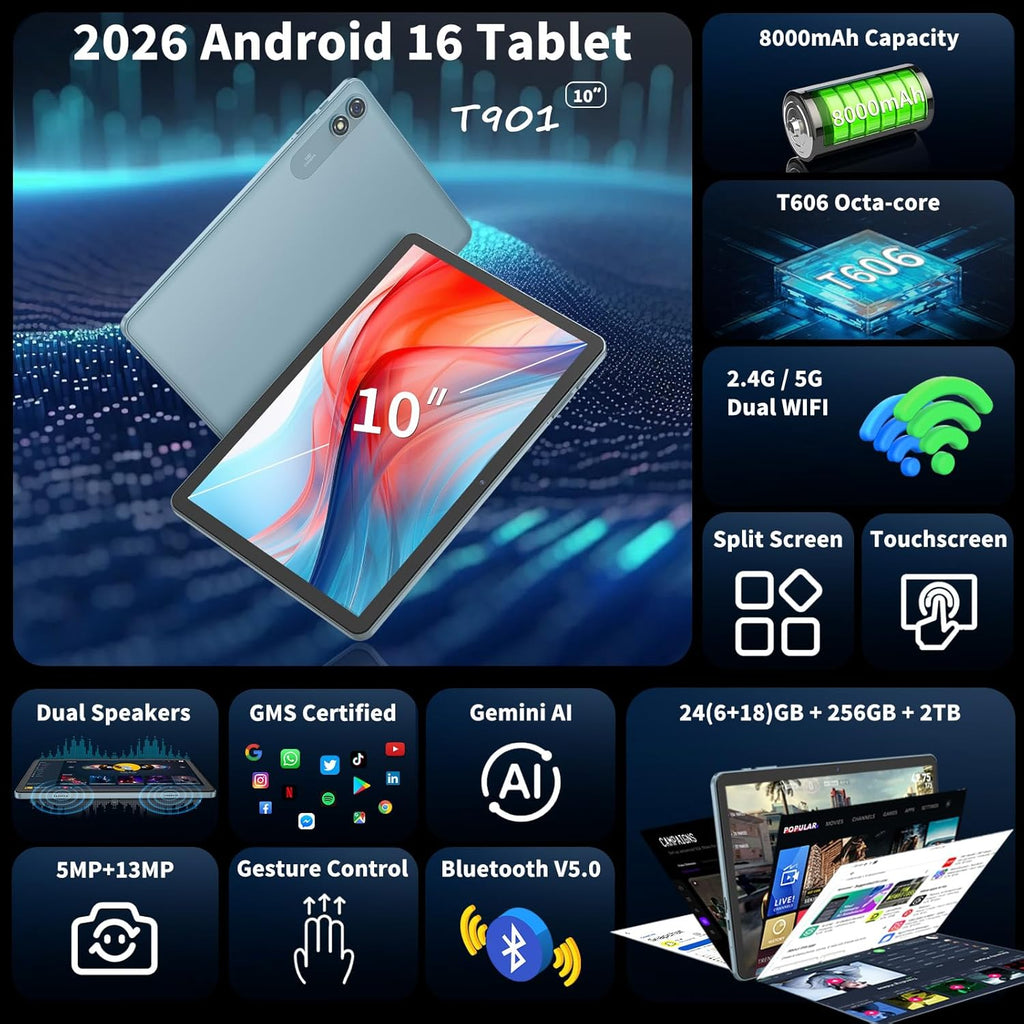 2026 Upgraded Android 16 Tablet, 10 inch Tablet with Keyboard, 24GB+256GB+2TB Expand, Gemini AI Tablet PC with 8-Core, 8000mAh, WiFi, GPS, Electronic 2-in-1 Tablets with Case, Mouse, Stylus (Black)