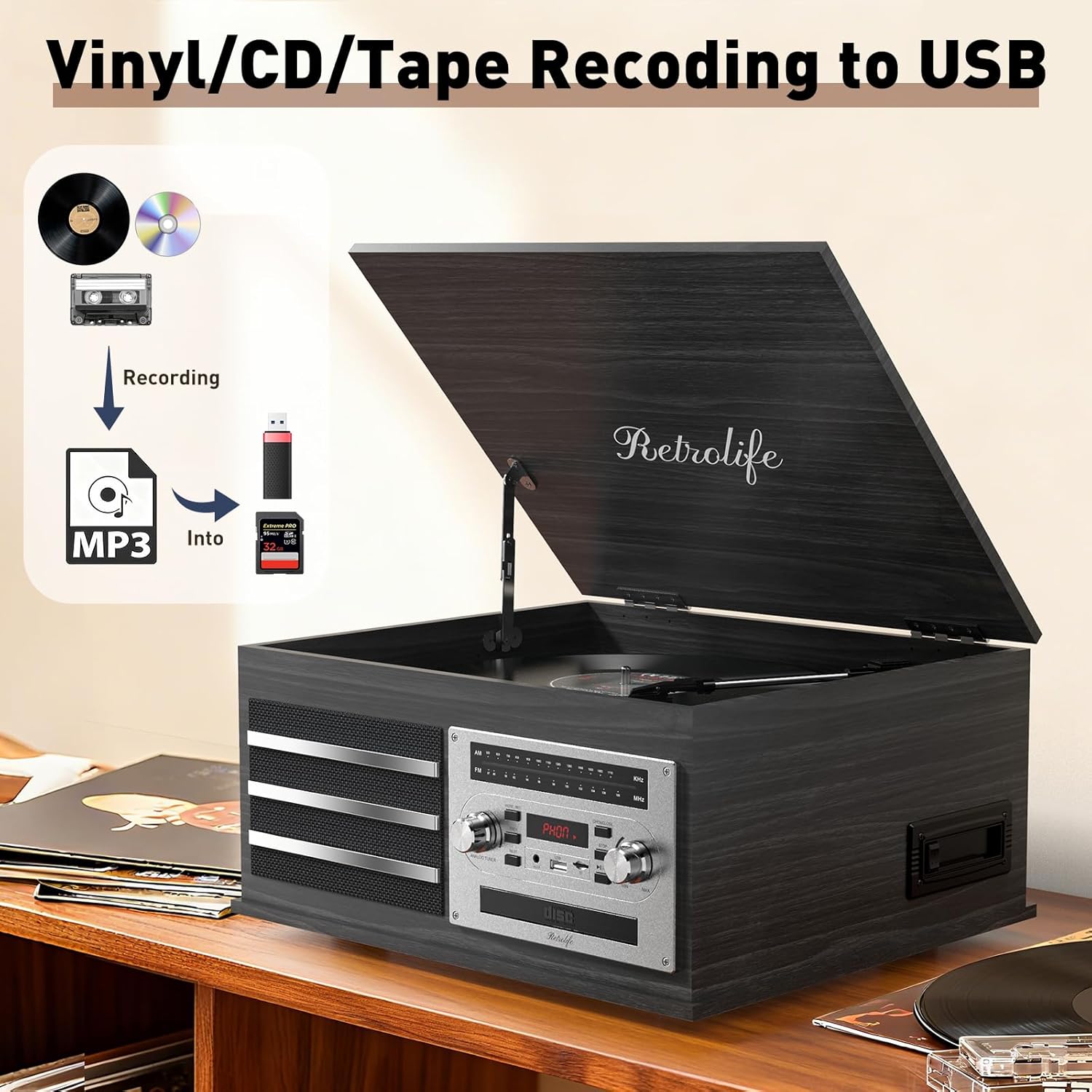 Vinyl Record Player 10-in-1 Music Center Turntable Built-in Speakers Support 3 Speed BT Wireless Input/Output AM/FM Radio CD Tape Cassette Player Aux RCA Auto Stop Vinyl Recording to USB/TF Card Black