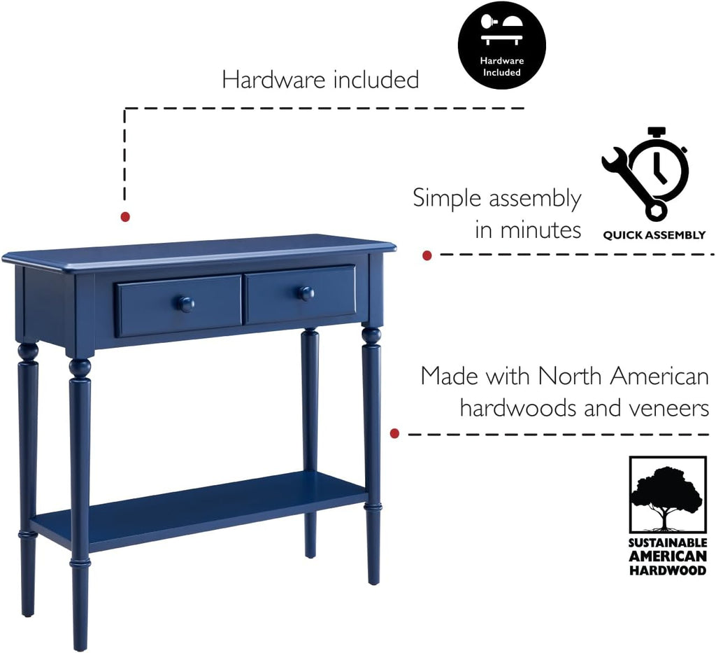 Leick Home Coastal Console Table, Solid Wood, 2 Storage Drawers, Bottom Display Shelf, Narrow Depth, Easy-Assembly, for Living Room/Hallway, Navy Blue, 30.0 in. W x 11.0 in. D x 28.0 in. H, 20027-NV
