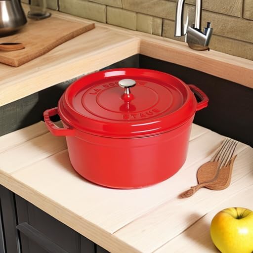 Staub Cast Iron Round Cocotte, Dutch Oven, 7-quart, serves 7-8, Made in France, Cherry