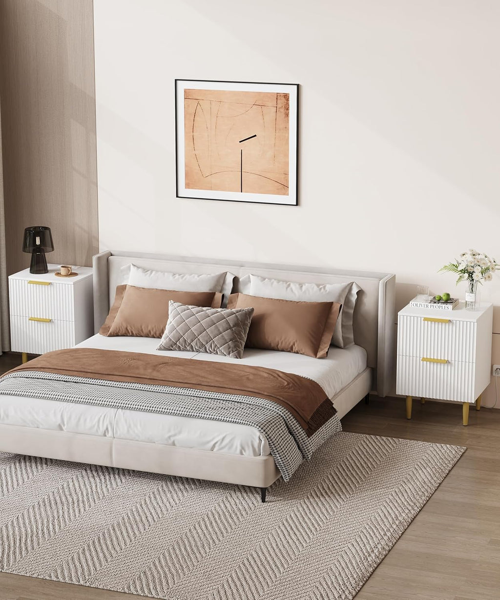 Akxomel White Nightstand Set of 2, Fluted Night Stand with Charging Station, 13.8" D x 15" W x 23.2" H, 2 Drawers Modern Bedside Table with USB Ports and Outlets, Golden Side Table for Bedroom