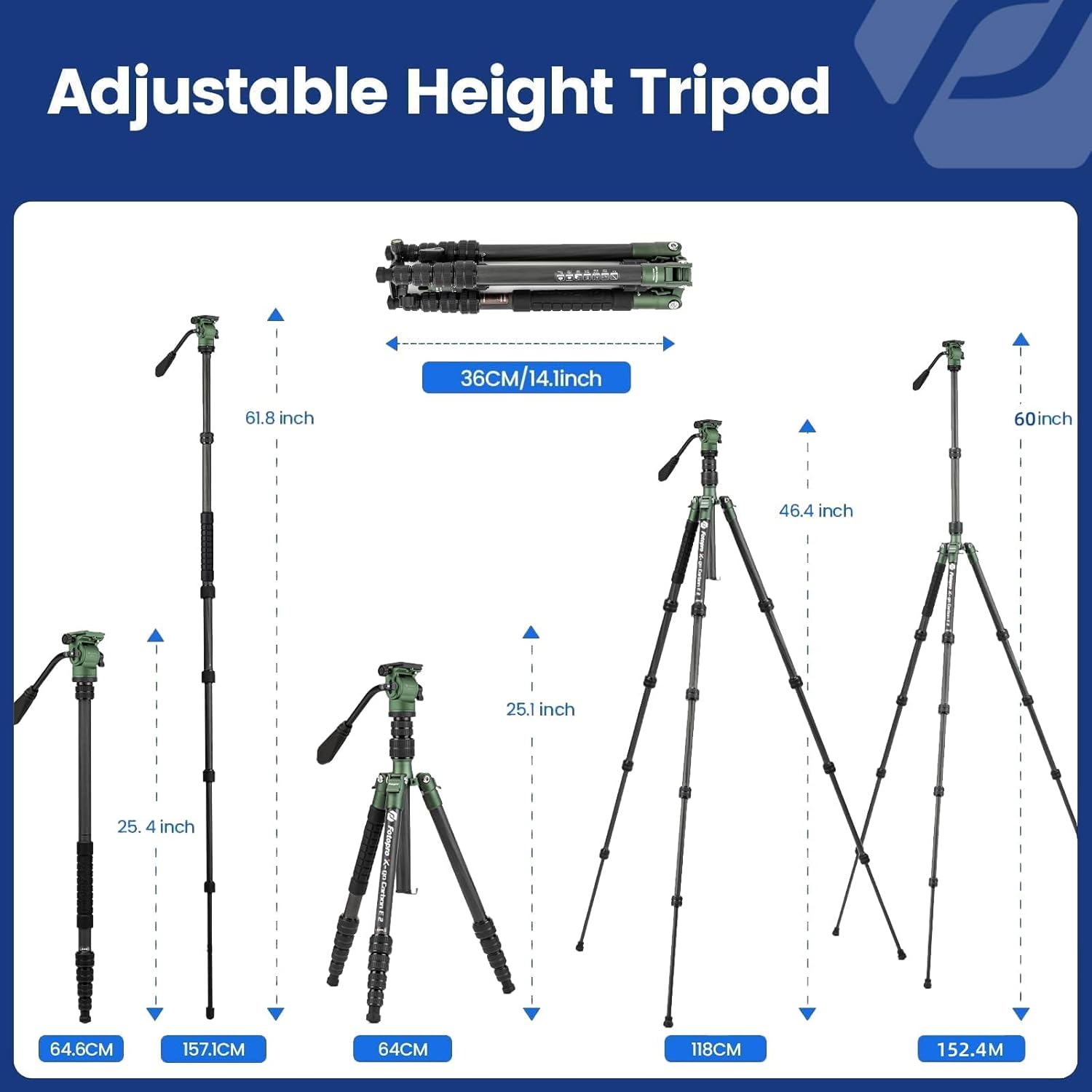 Fotopro 59" Carbon Fiber Travel Tripod with Fluid Head Detachable Monopod with Quick Release Plate and Bag Camera Tripod Load up to 8KG/17.63lbs X-go E2 Video Green