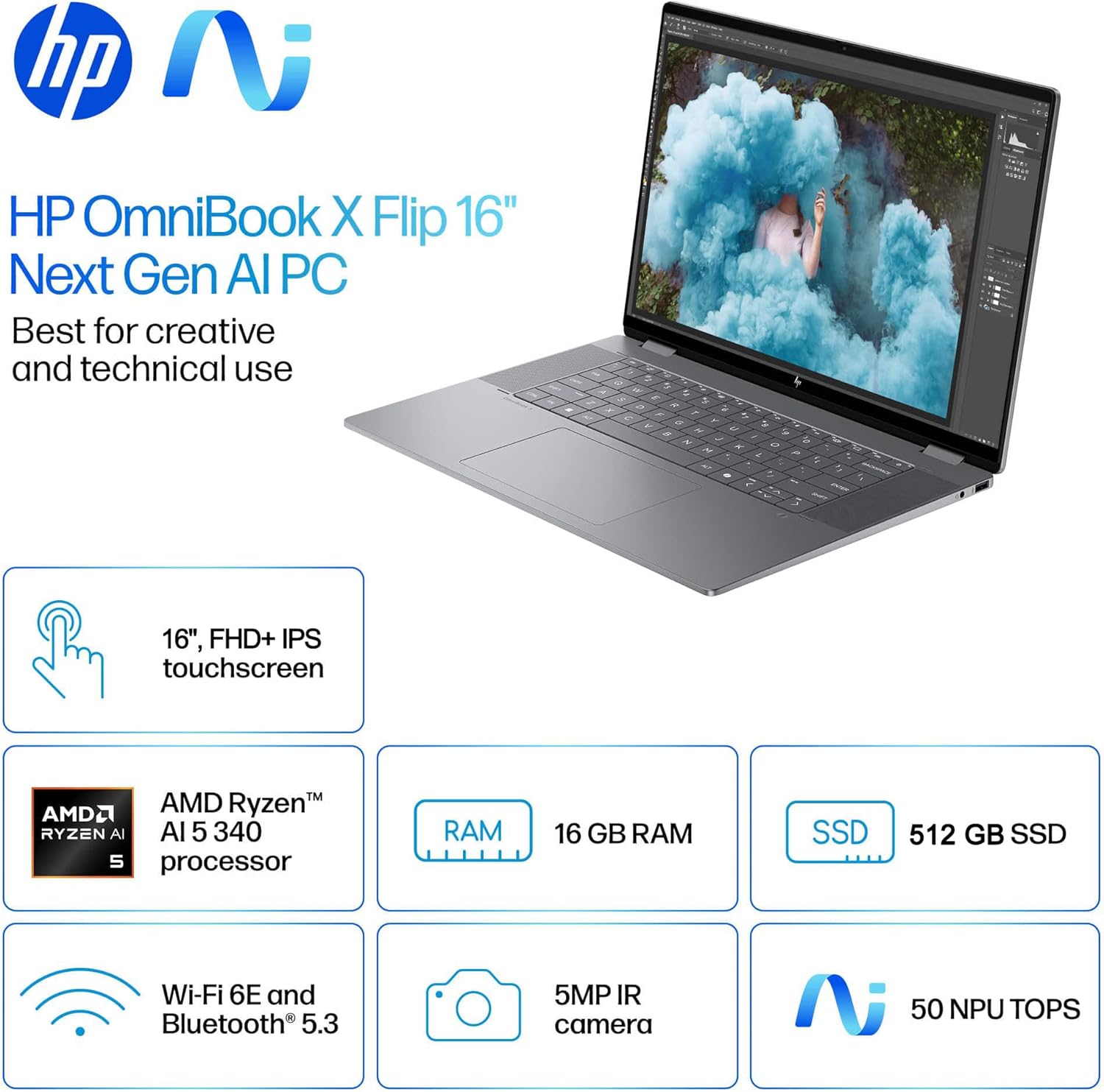HP OmniBook X Flip 16 (Next Gen Envy 16 x360) 2-in-1 Touchscreen Laptop (16" FHD+, AMD Ryzen AI 5 340 (> Intel i7-1355U), 16GB DDR5, 512GB SSD) AI Copilot+ PC for Creator, Designer, Win 11 Pro