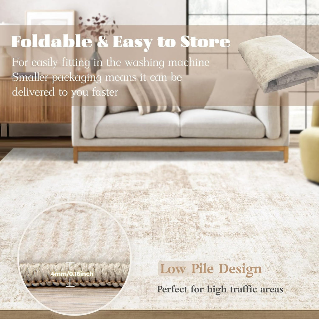 Area Rug 9x12 Washable Rug, Vintage Boho Medallion Rugs Non-Slip Soft Low Pile Large Distressed Rug Indoor Retro Carpet for Living Room Bedroom Dining Room Home Office (Beige, 9'x12')