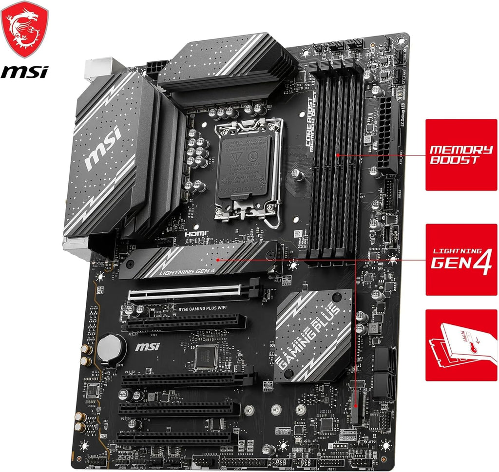 MSI B760 Gaming Plus WiFi V1 Motherboard, ATX - Supports Intel 14th, 13th & 12th Gen Core Processors, LGA 1700 - DDR5 Memory Boost 6800+MHz/OC, 2 x PCIe 4.0 x16, 2 x M.2 Gen4, 2.5G LAN, Wi-Fi 6E