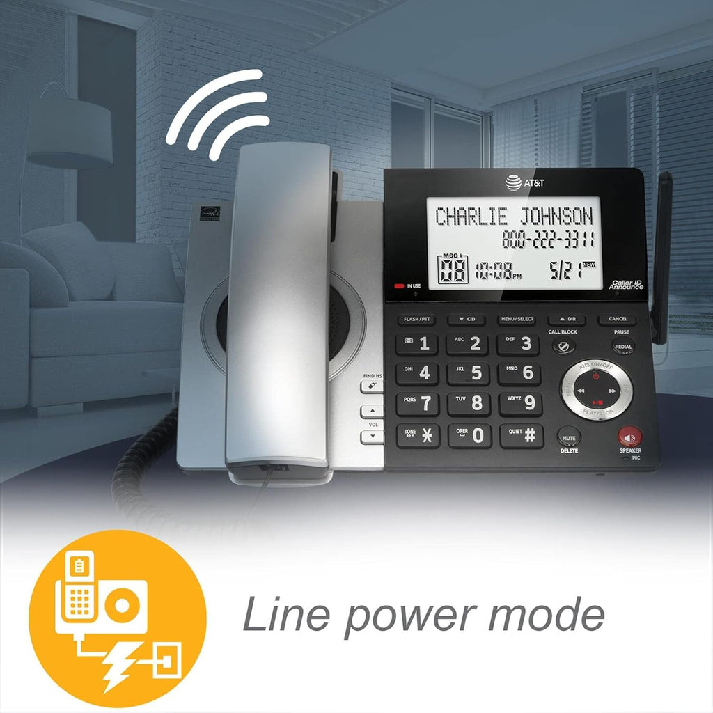 AT&T CL84207 DECT 6.0 2-Handset Corded/Cordless Phone for Home with Long Range, Answering Machine, Call Blocking, Caller ID Announcer, Intercom, and Line-power mode, Silver/Black