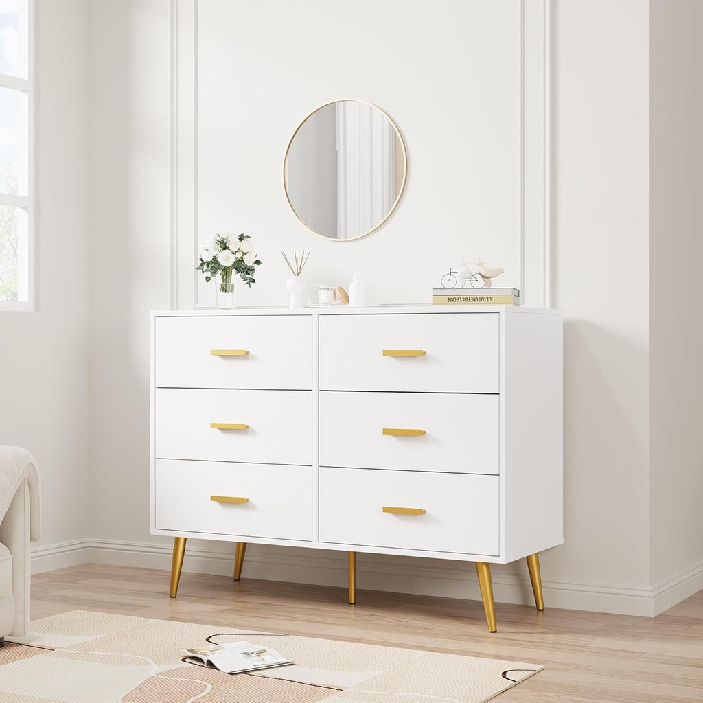 IDEALHOUSE 6 Drawer Dresser, Modern Wooden Chest of Drawers with Gold Handles, Deep Drawers for Bedroom, Living Room and Entryway, White