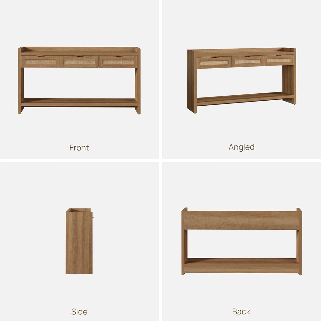 SICOTAS 60" Rattan Console Table for Entryway - Farmhouse Entry Table Sofa Table with 3 Drawers, Narrow TV Console Table with Storage for Living Room, Hallway, Couch, Foyer