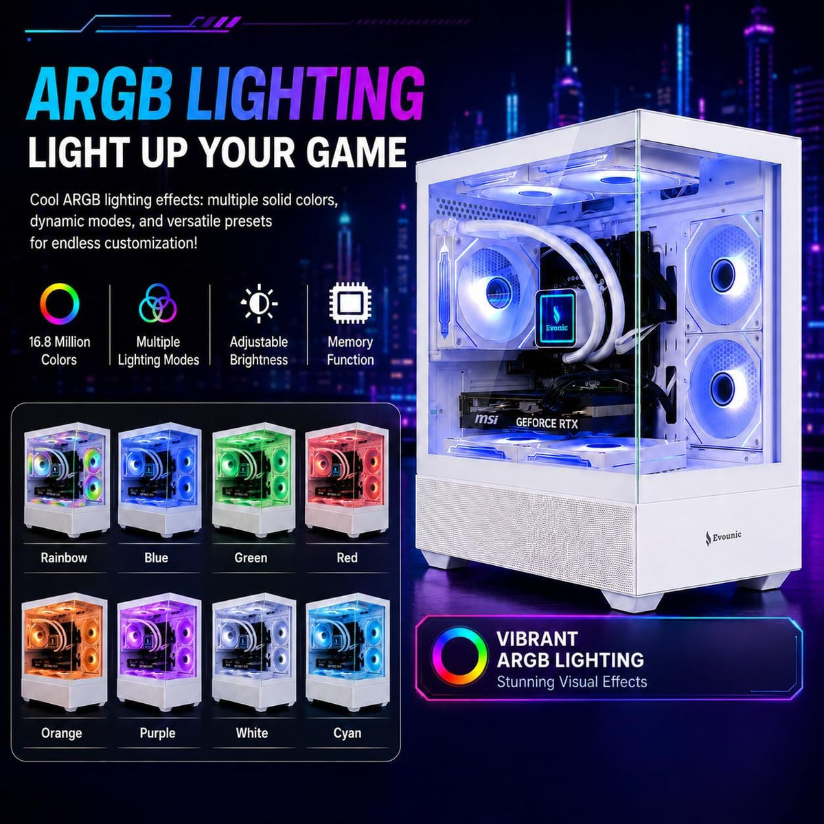 Gaming Desktop PC Computer Liquid Cooled – i7 Xeon 12-Core,GeForce RTX 4060 GDDR6, 64GB RAM, 512GB SSD + 1TB HDD, WiFi 6 & BT 5.4, 7× ARGB Fans, 650W PSU, Windows 11 Pro, RGB Keyboard & Mouse