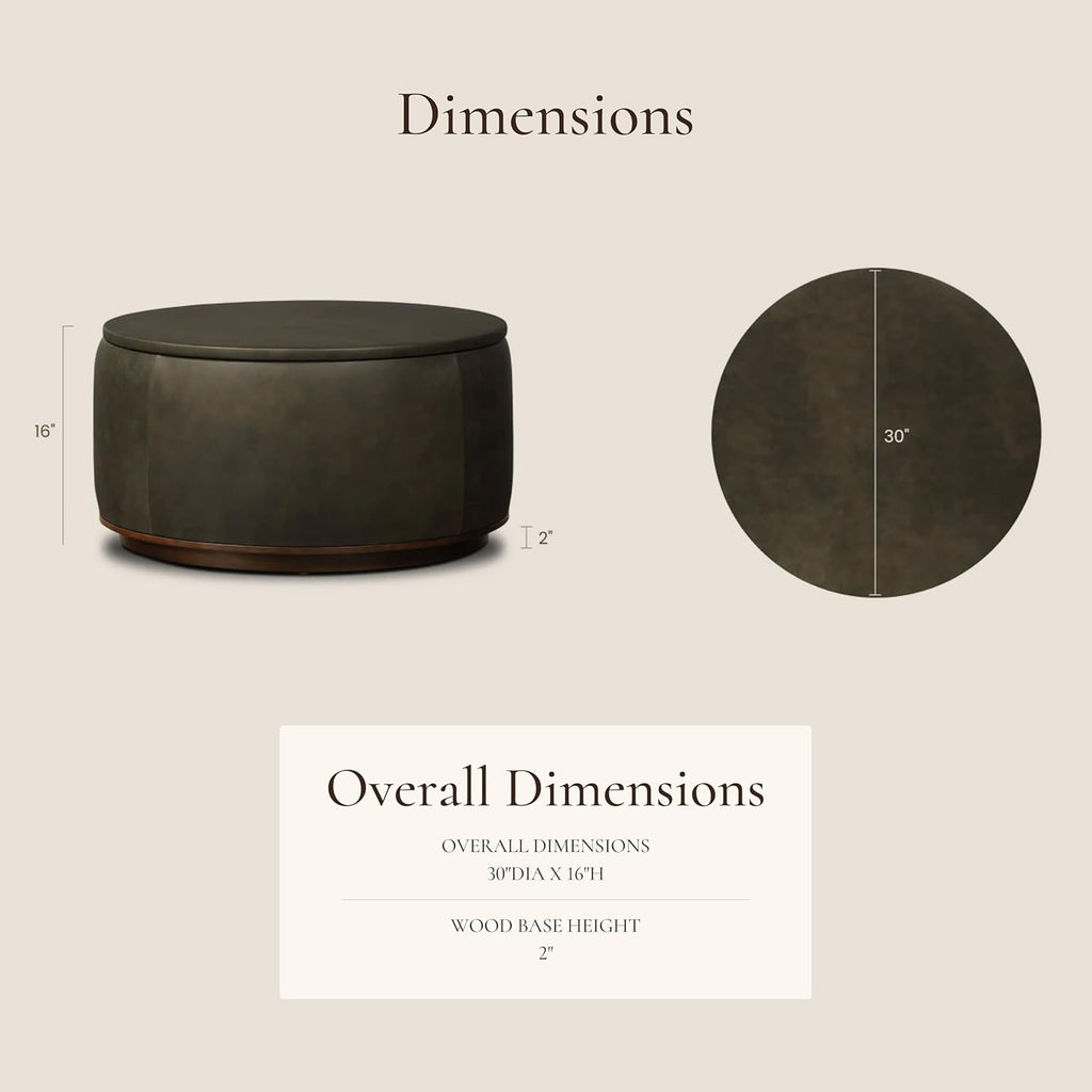 Poly & BARK Herve Storage Ottoman – Round Italian Full-Grain Leather Ottoman with Hidden Storage – Solid Wood Base in Walnut Finish – Olivine Green